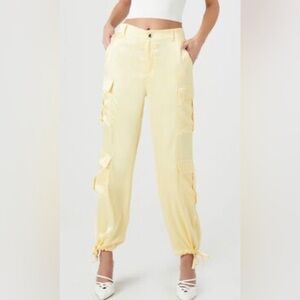 Forever 21 Pale Yellow Satin Cargo Pants